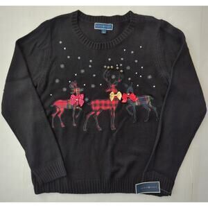 KAREN SCOTT Black Red White Gold Embroidered Reindeer Christmas Sweater Size L
